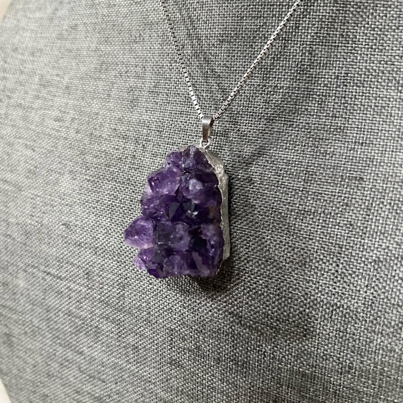 Natural Cluster Amethyst 925 Solid Sterling Silver Unisex Pendant 40mm. - Picture 3 of 11